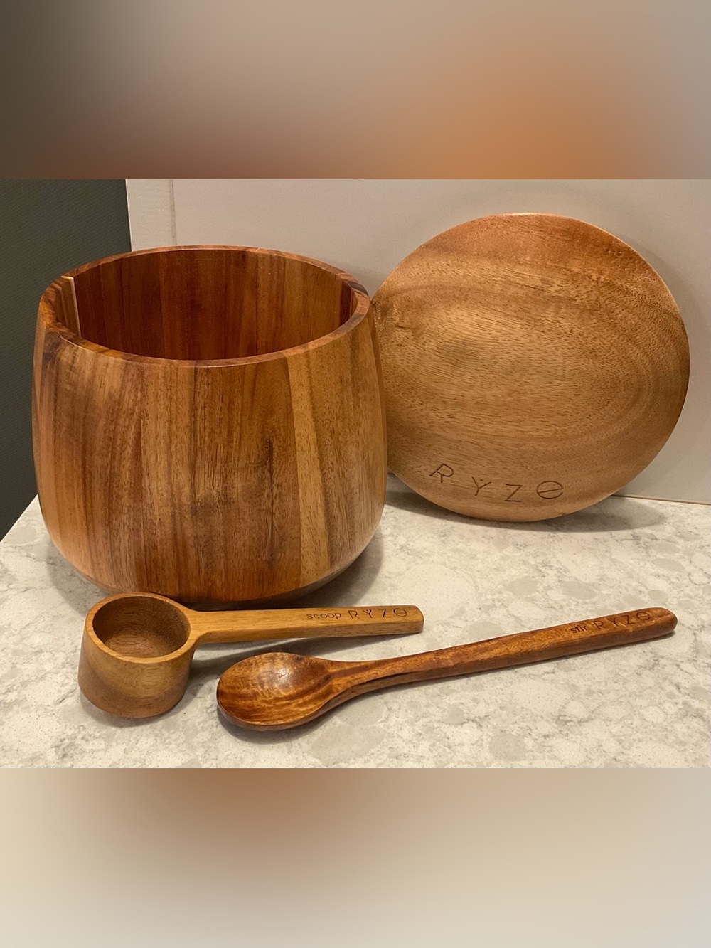 NWOT RYZE Acacia Wood Canister, Scoop, and Spoon 3 Piece Set